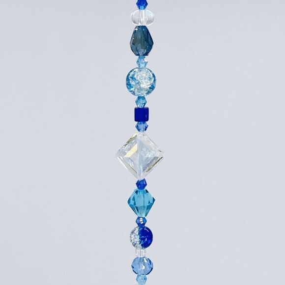 Blue Beaded Suncatcher - Clear Crystal Prism - Indoor Outdoor Hanging Decor - Picture 7 of 16